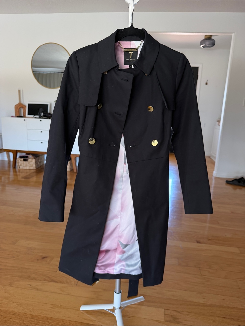 Ted Baker Black Trench Coat with Pink Lining